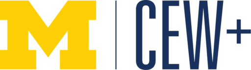 The University of Michigan CEW+ logo in yellow and blue with a transparent background
