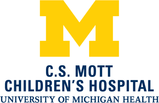 The University of Michigan C.S. Mott Children's Hospital logo in yellow and blue with a transparent background