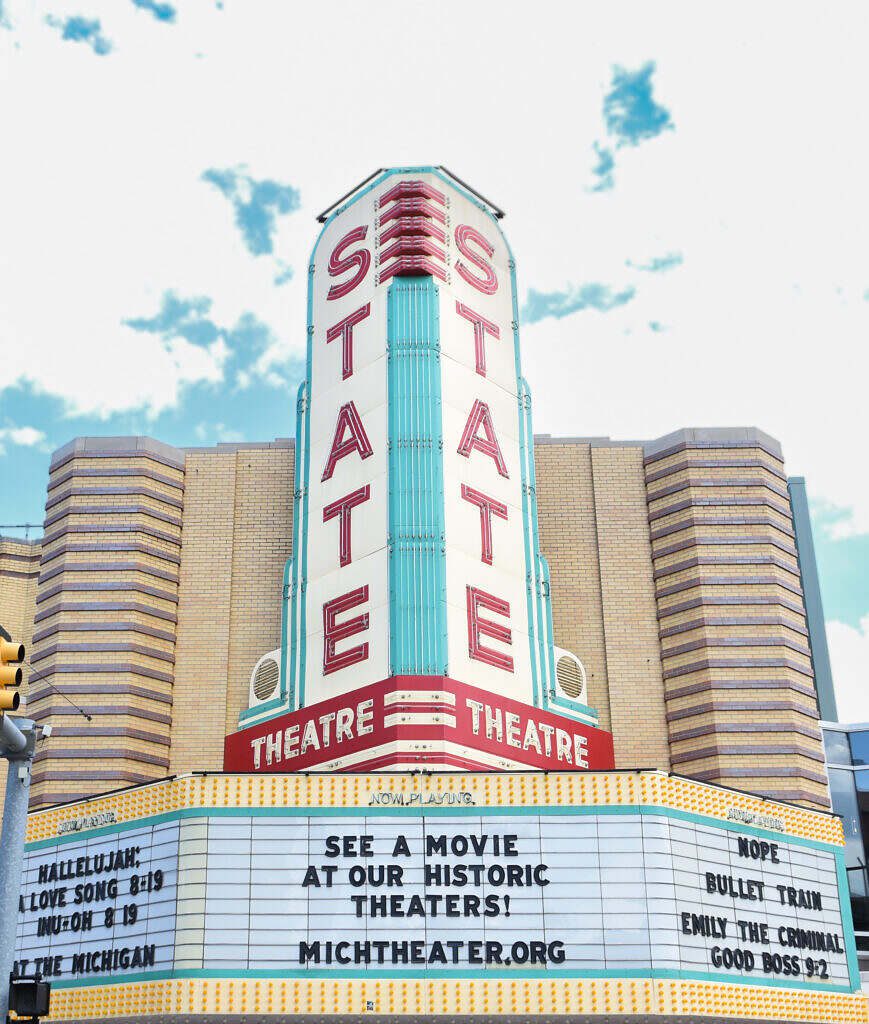 Outdoor photo of the front of the marquee of State Theatre in daylight