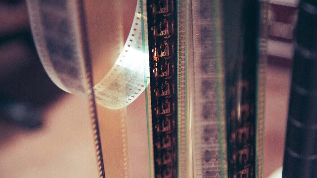 Close-up photo of celluloid film in the Michigan Theater projection room