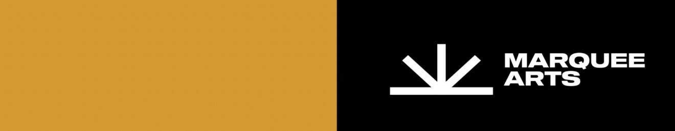 Graphic design with a split background of yellow and black, featuring the text "Marquee Arts" and an arrow pointing downwards in white on the right side.