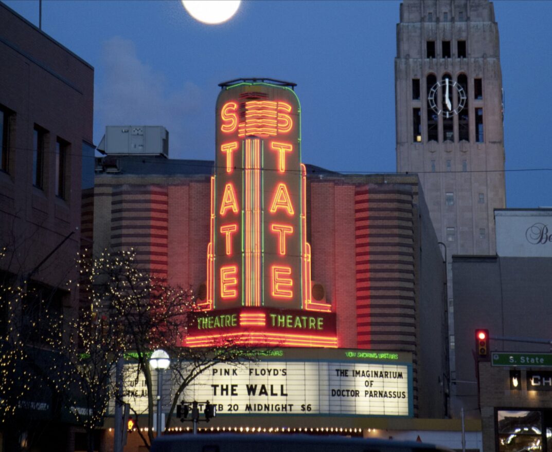 Early evening outdoor photo of the State Theatre with its lights on