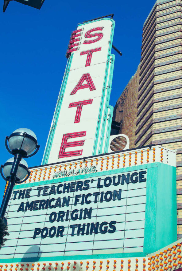 Outdoor photo of the State Theatre with the marquee in view