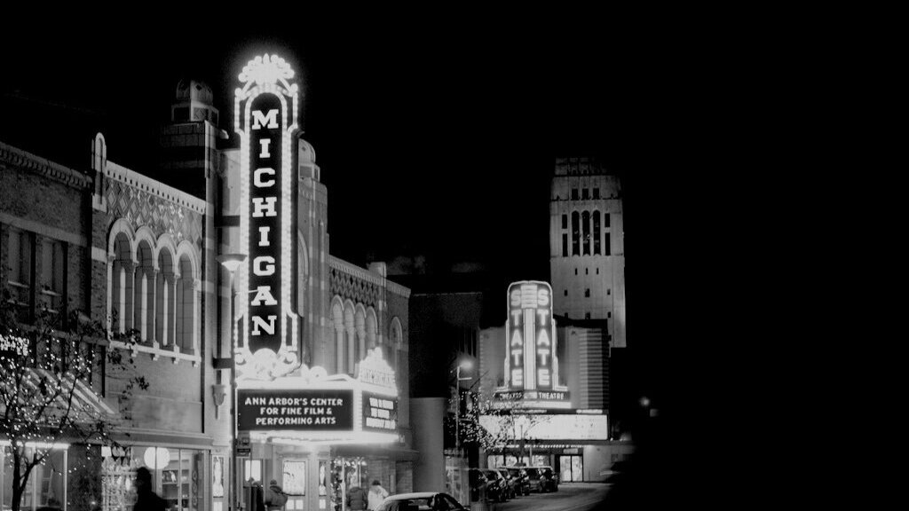 Michigan and State Theaters at night