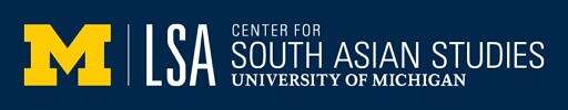 The University of Michigan LSA Center for South Asian Studies logo yellow, blue and white with a solid blue background